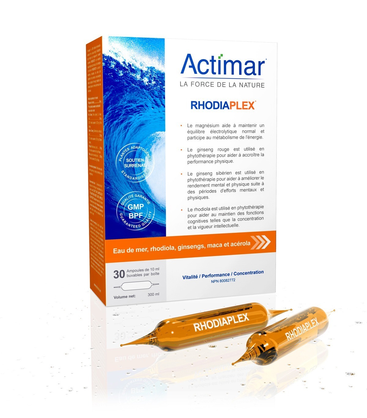 RHODIAPLEX® Électrolytes marins, ginsengs, rhodiodal, maca et acérola en ampoules